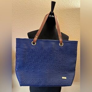 Navy Woven Tote with Brown Leather Handles